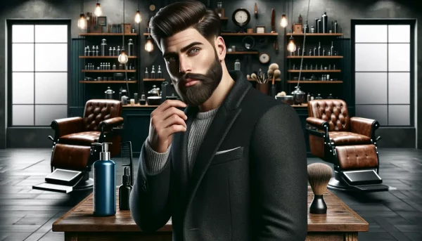 Homem de barba cheia em barbearia com um frasco de loção capilar sobre a bancada