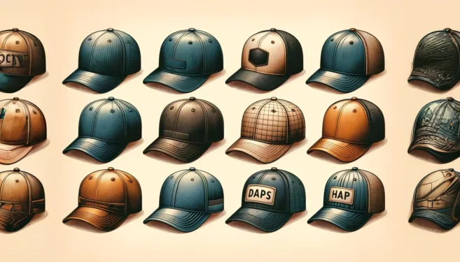 A imagem representando uma colagem dos sete tipos de bonés - Fitted, SnapBack, Polo Hat, Dad Hat, Panel Cap, Curved Brim Cap e Trucker Cap - foi criada. Esta composição estilosa e moderna é ideal para ser a capa do seu texto sobre os diferentes tipos de boné.