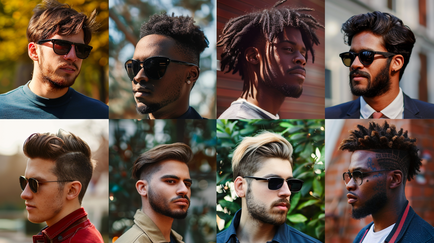Montagem com oito homens de tipos de cabelo diferentes usando variações do corte americano com degradê