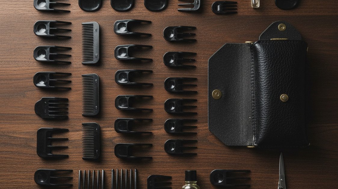 Pentes e acessórios de aparador de barba organizados