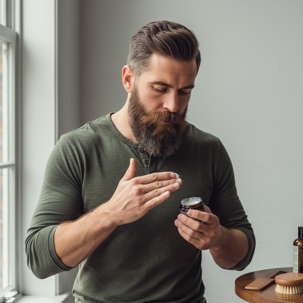 Balm de barba: homem bem cuidado aplicando o produto na barba