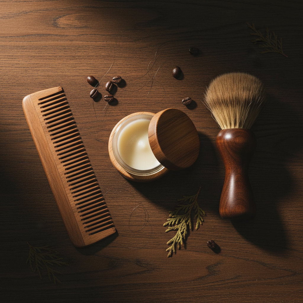 Produtos para barba: pote de balm, pente e escova sobre madeira