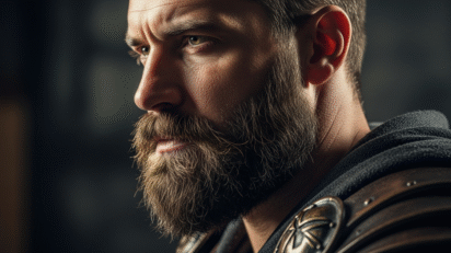 Homem com barba espartana angular e definida