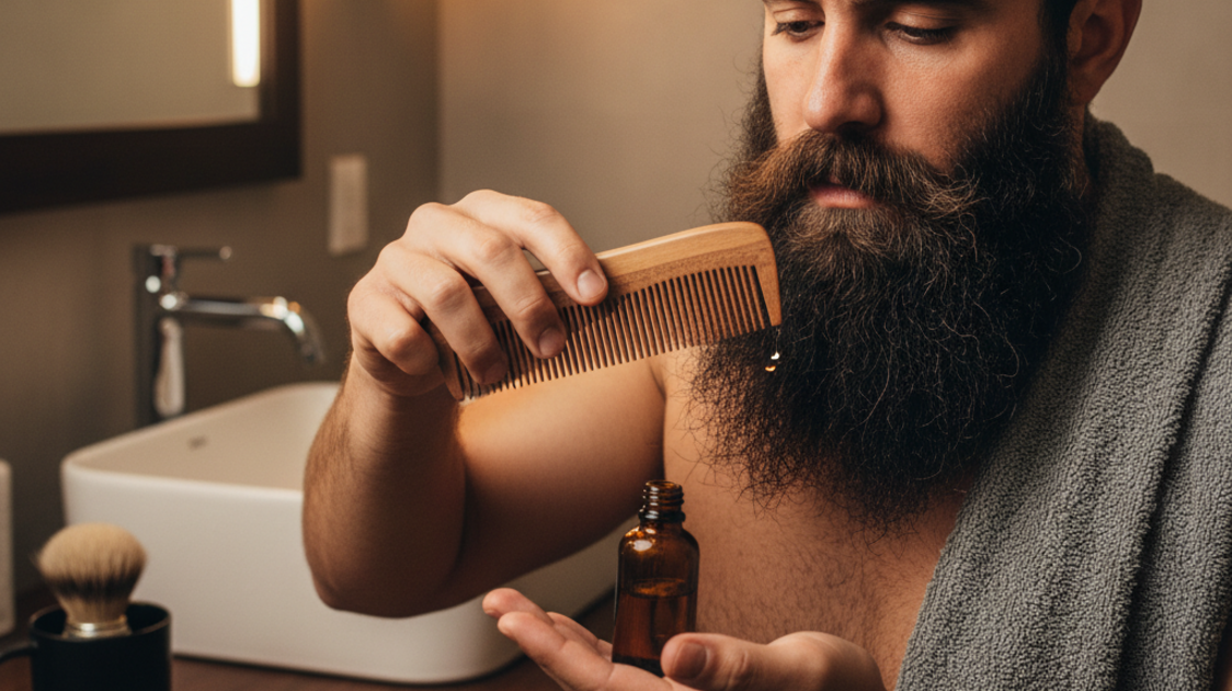 Homem com barba grande aplica óleo de barba na rotina de cuidados