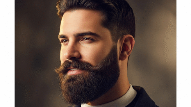 Homem com barba cheia contornada estilo Gusttavo Lima