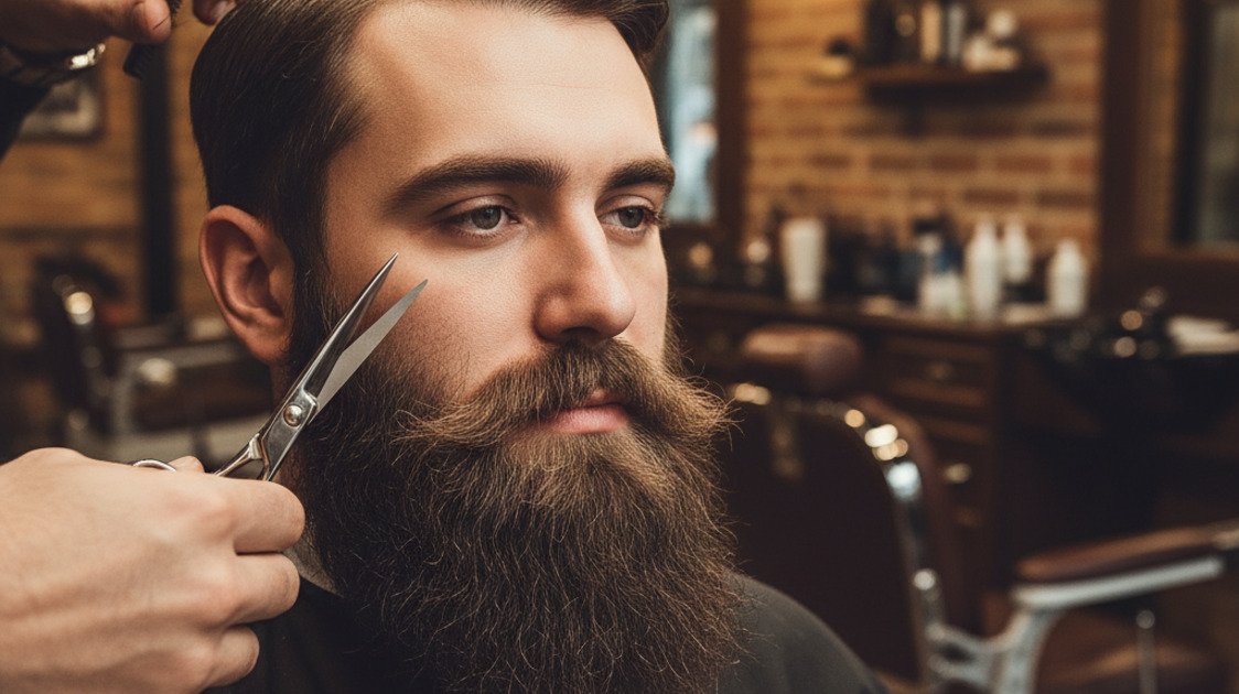 Homem com barba bem cuidada sendo aparada na barbearia com tesoura