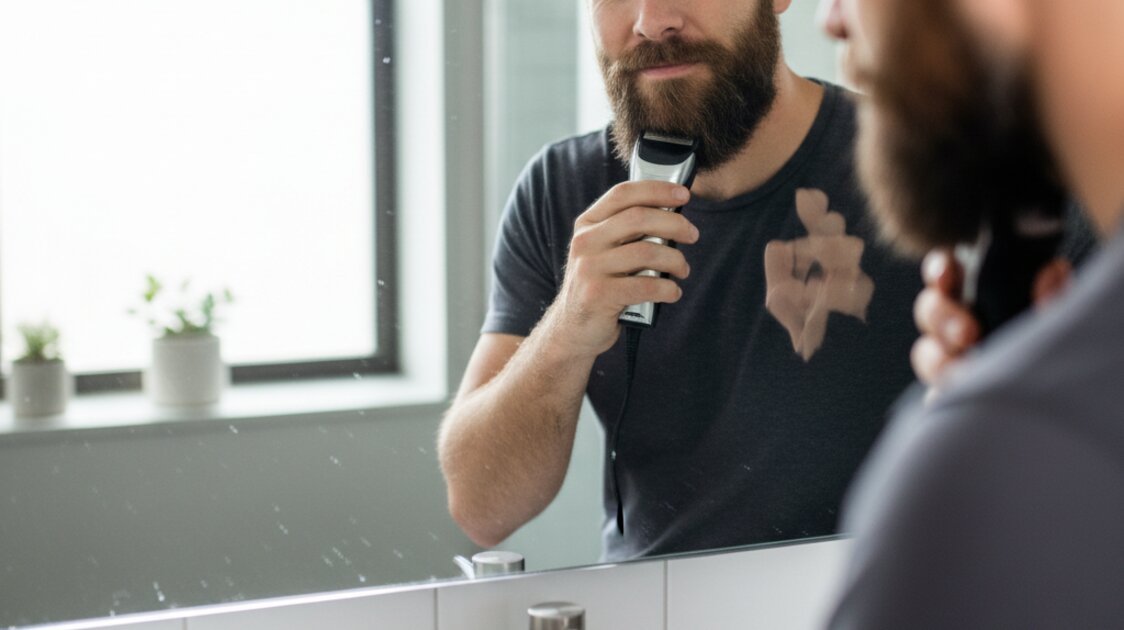 Homem barbeando com barbeador elétrico em frente ao espelho