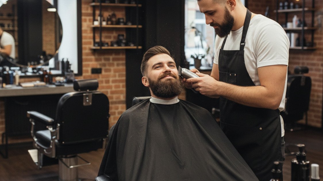 Barbeiro trabalhando em cliente com corte e barba modernos em barbearia profissional