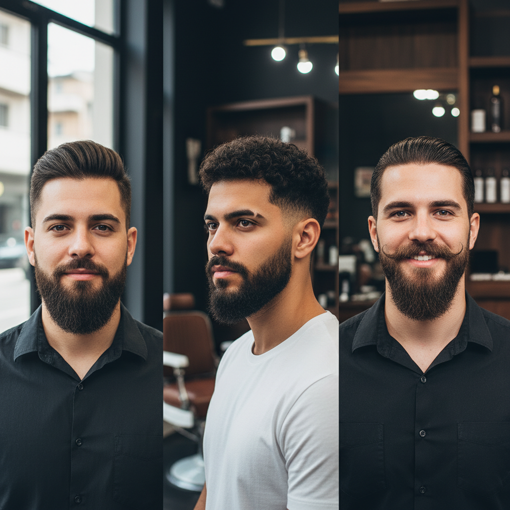 Variações de barba degradê curta, quadrada e com destaque para o bigode