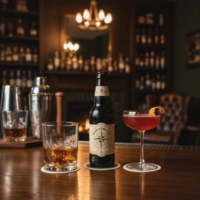 Balcão de bar de madeira com copo de whisky on the rocks, garrafa de cerveja artesanal e coquetel elegante