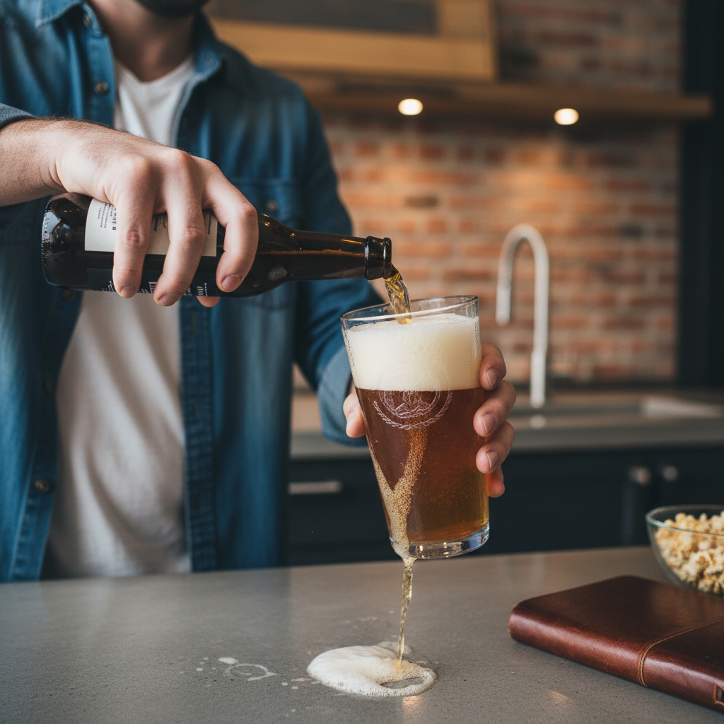 Homem servindo uma cerveja artesanal no copo com precisão