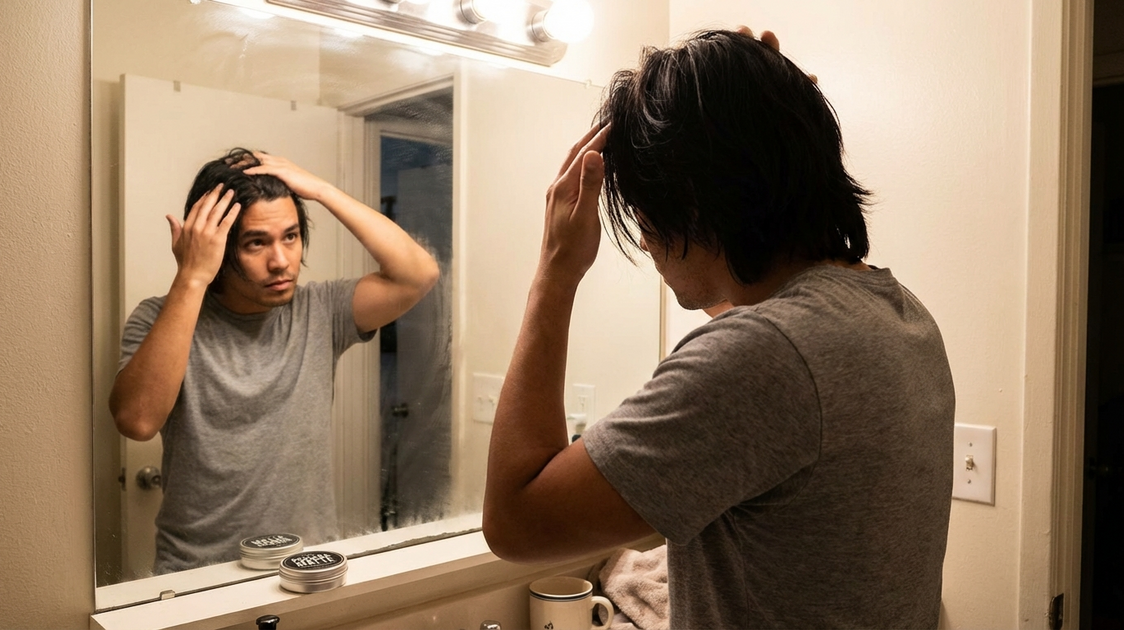 Homem com cabelo liso masculino aplica pomada matte para estilizar o cabelo