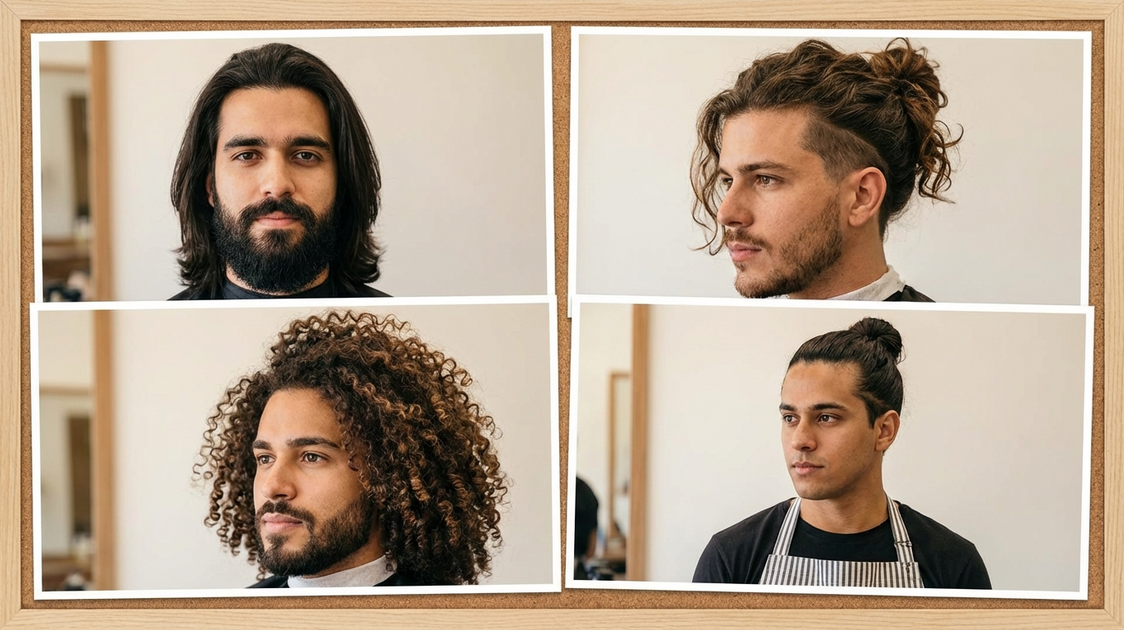 Diferentes estilos de cabelo masculino longo: liso, ondulado, cacheado e degradê