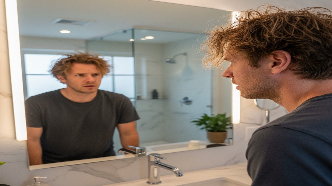 Homem tocando os fios e avaliando textura, força e ressecamento do cabelo
