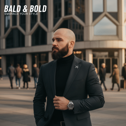 Homem careca com barba bem desenhada passando confiança e assumindo o visual