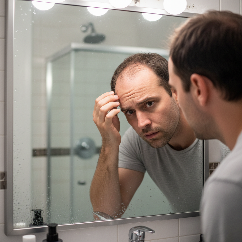Homem observando entradas e linha do cabelo no espelho do banheiro