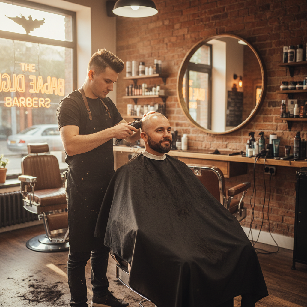 Barbeiro raspando o cabelo de um homem para assumir o visual careca com estilo