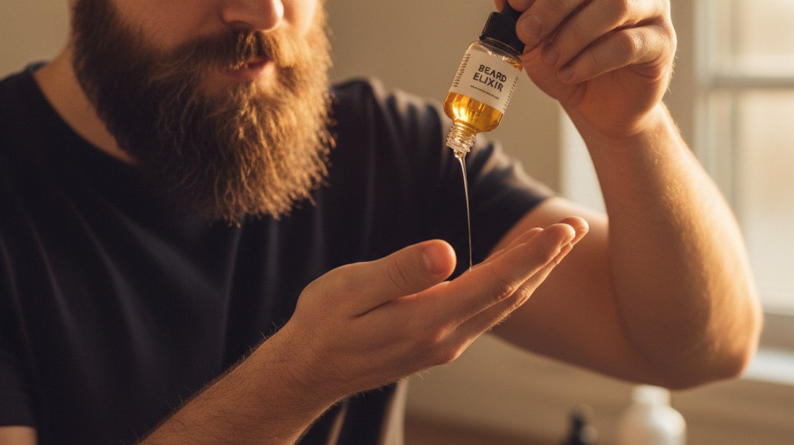 Homem aplicando óleo hidratante na barba