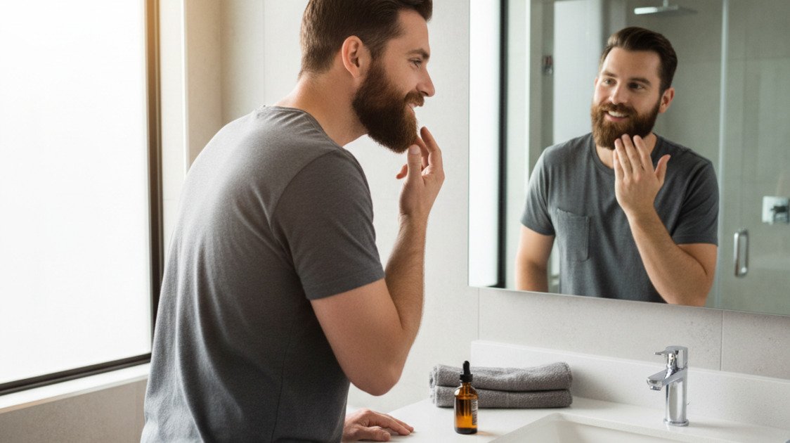 Homem aplicando óleo para amaciar barba dura no espelho do banheiro