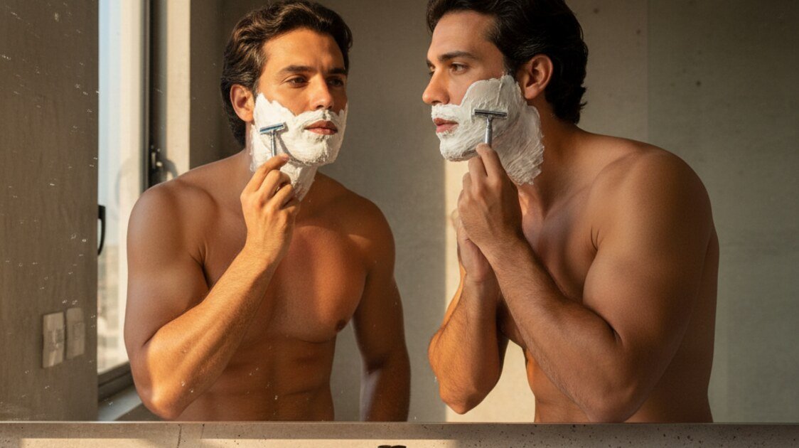 Homem fazendo barba no espelho com aparador