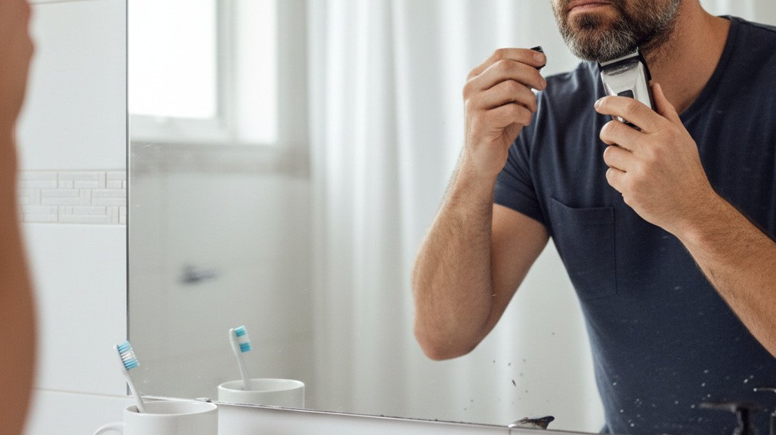 Homem usando aparador de barba na frente do espelho