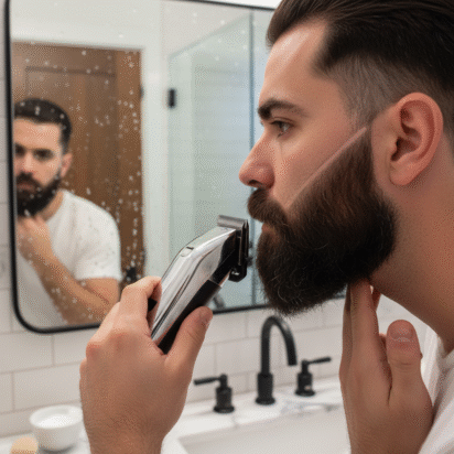 Homem fazendo degradê na barba com máquina no espelho de casa