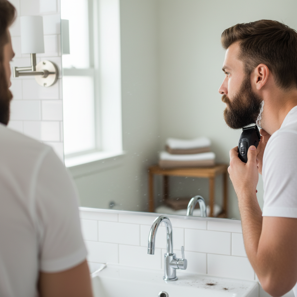 Homem ajustando a linha do pescoço no espelho ao fazer a barba