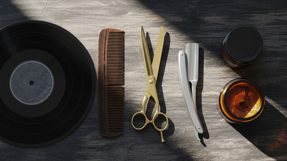 Flat lay com vinil, tesoura, navalha e pente em bancada de barbearia