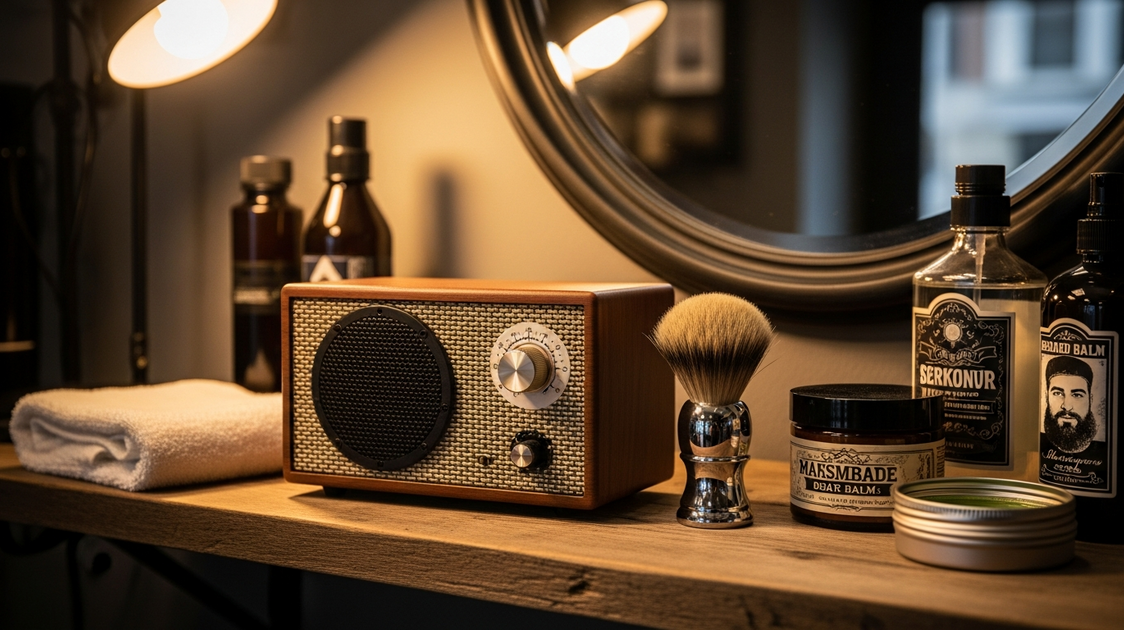 Caixa de som retro em prateleira de barbearia com produtos masculinos