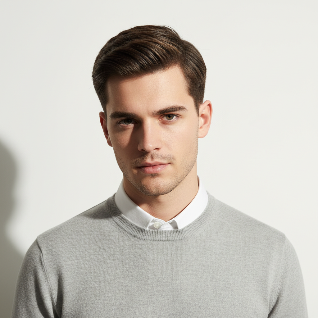 Perfil lateral mostrando crew cut masculino com fade baixo