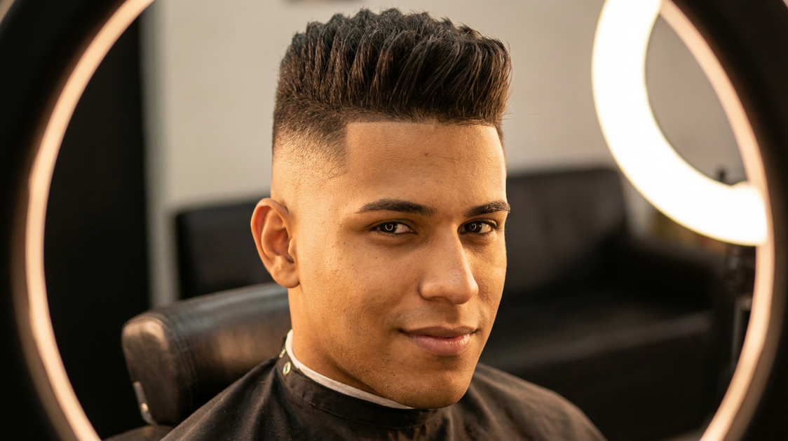 Barbeiro finalizando low fade masculino com máquina profissional