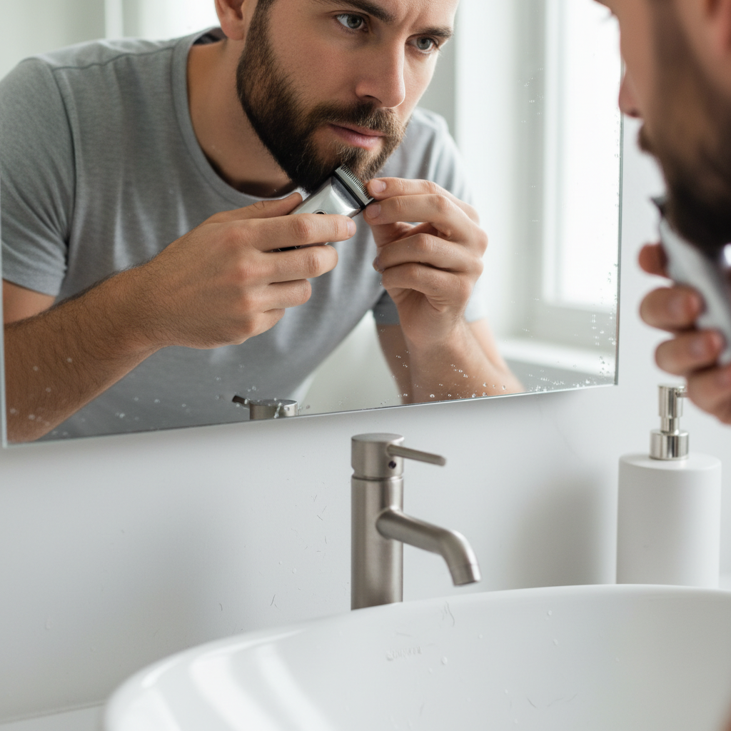 Homem ajustando o contorno da barba curta no espelho do banheiro