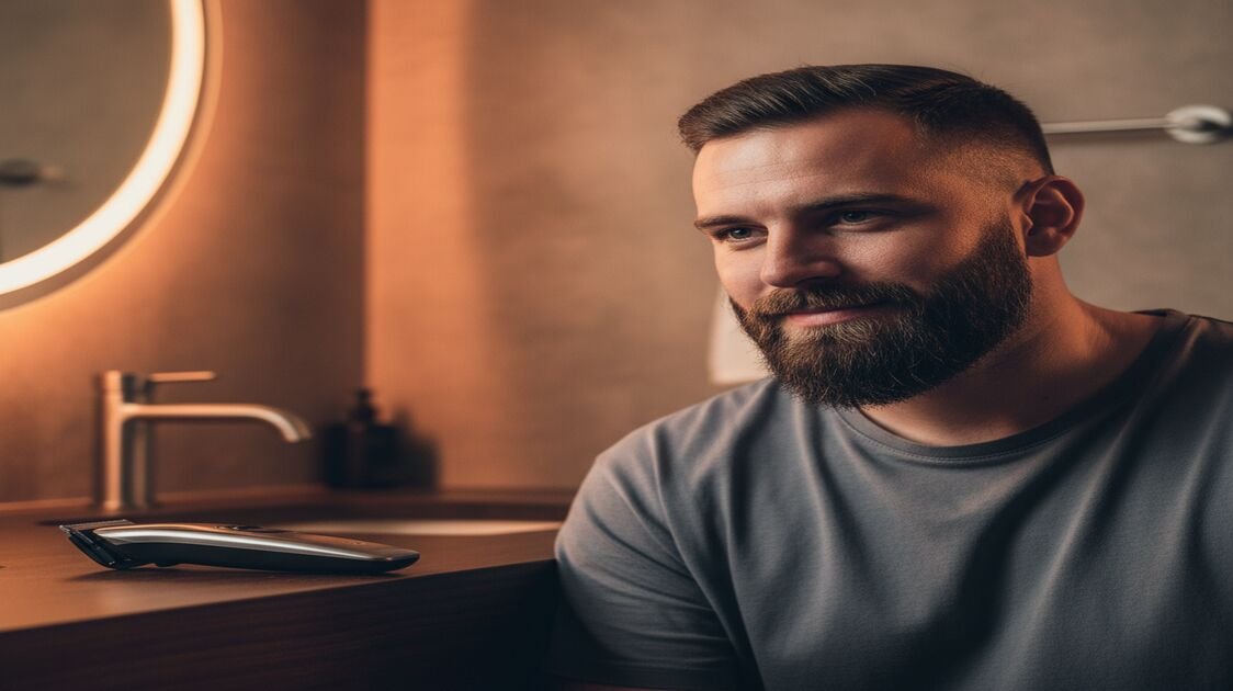 Homem usando aparador de barba para manter barba curta estilo degradê no banheiro