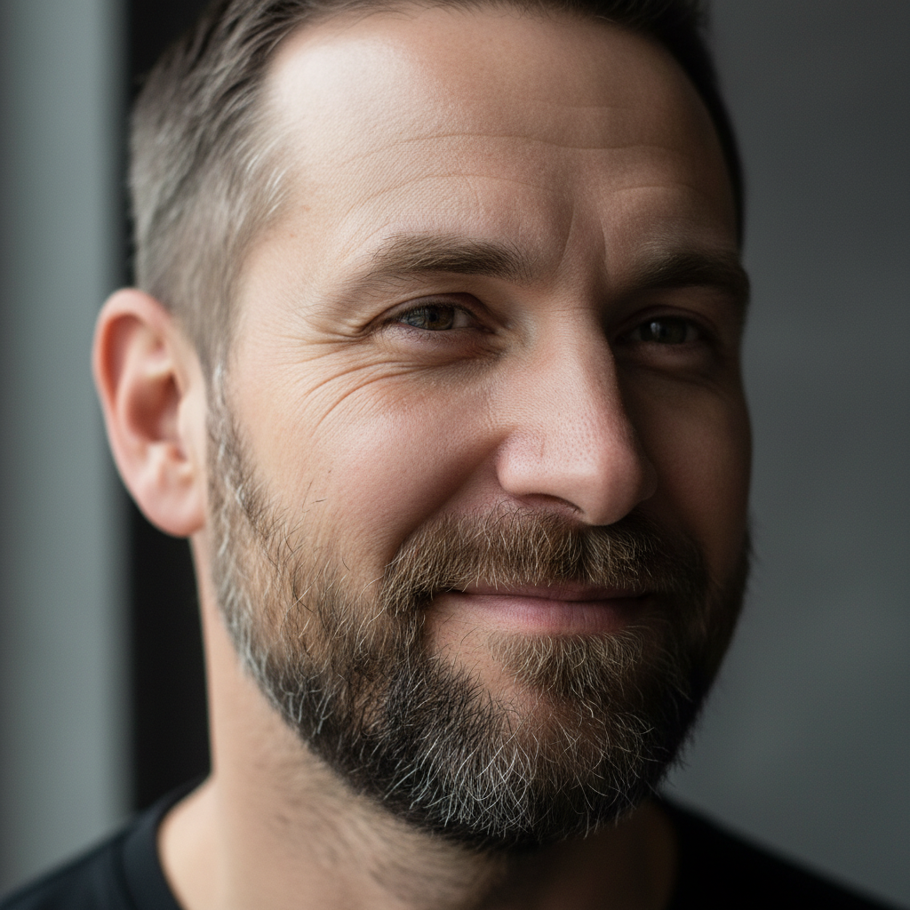 Homem com barba curta bem aparada e alinhada, estúdio fotográfico masculino