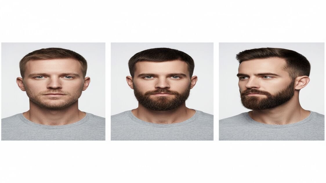 Comparação de diferentes estilos de barba curta masculina em um painel visual