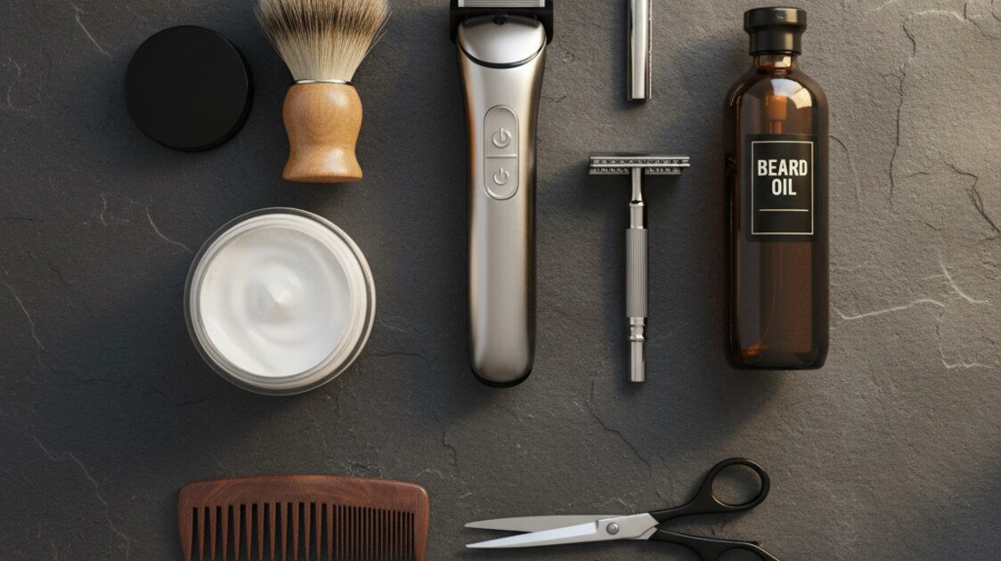 Ferramentas para fazer a barba: navalha, barbeador, pincel e creme