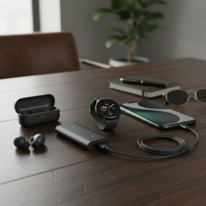 Organização de gadgets masculinos úteis em mesa de madeira - smartwatch, fones e powerbank