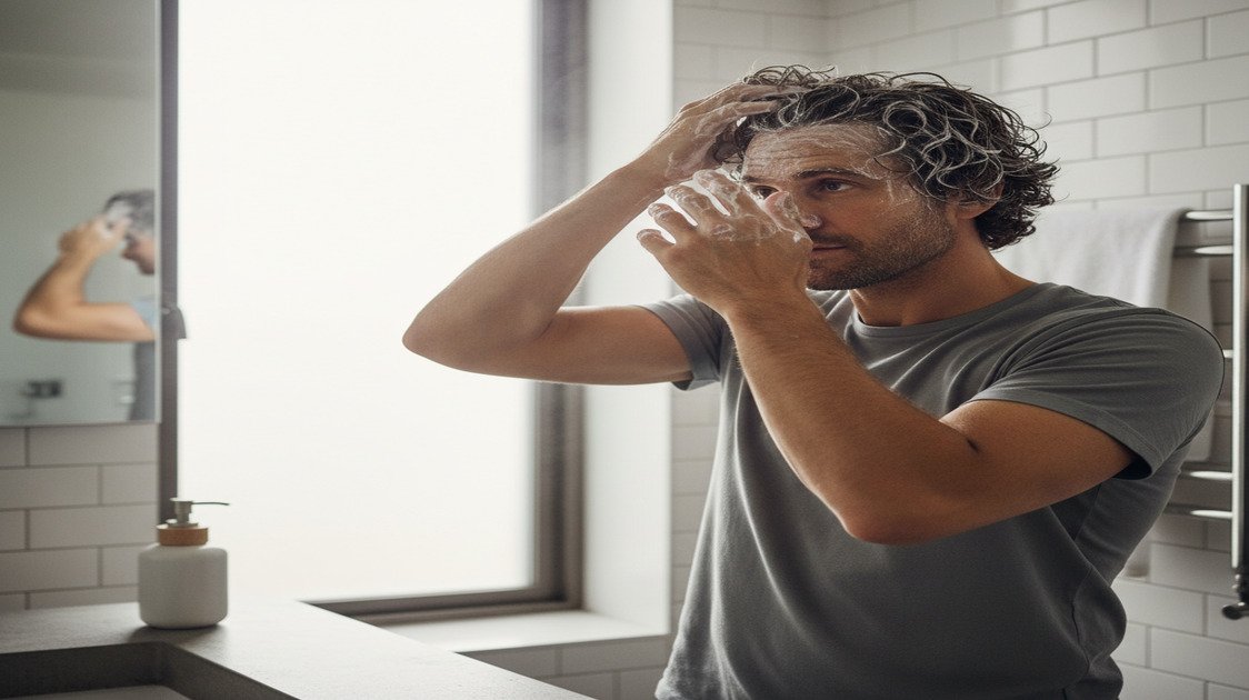 Homem aplicando máscara de hidratação no cabelo ressecado