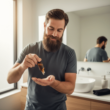 Homem aplicando óleo na barba volumosa no espelho para rotina de hidratação