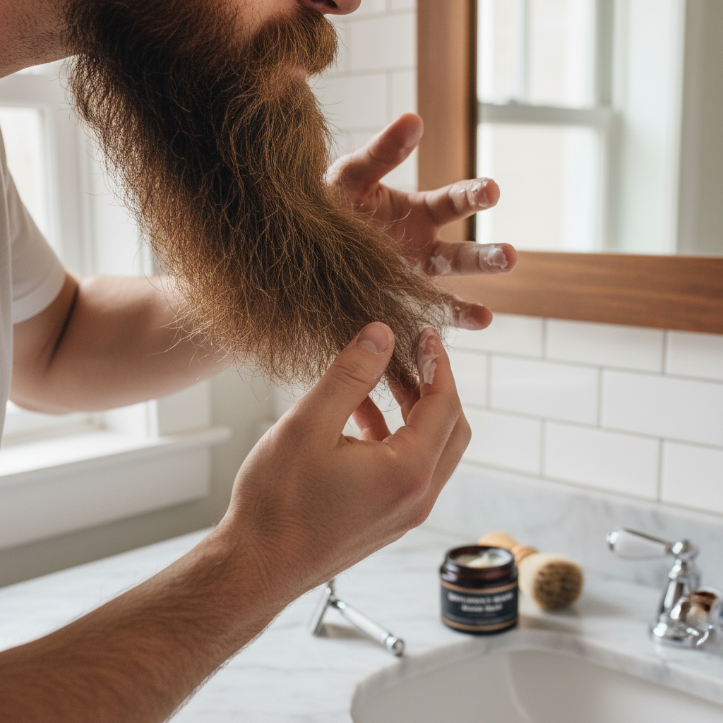 Homem massageando balm na barba média para combater o frizz e o ressecamento