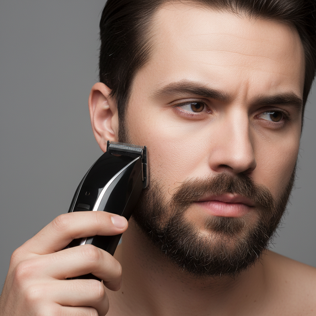 Homem usando aparador de barba elétrico