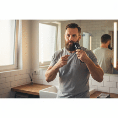 Homem aparando a barba com máquina trimmer
