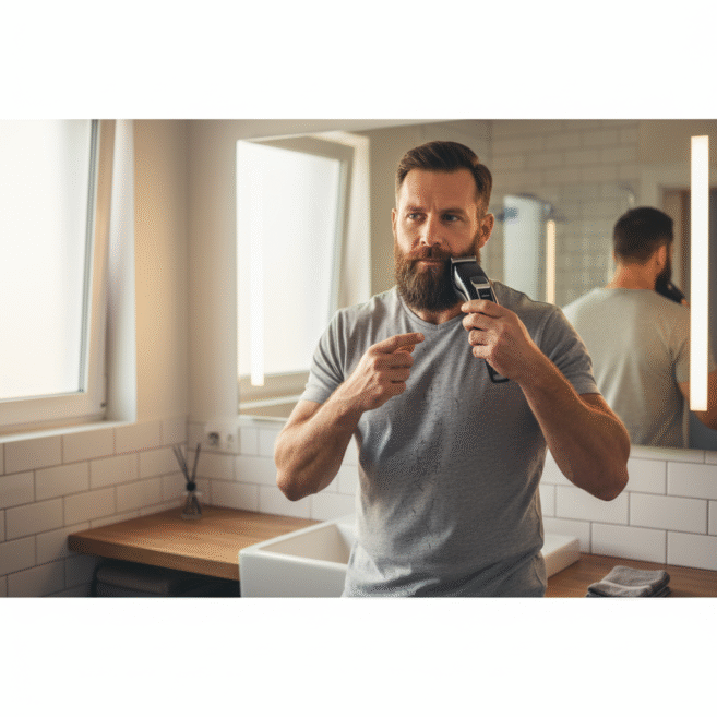 Homem aparando a barba com máquina trimmer