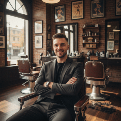 Homem com corte degradê moderno em barbearia