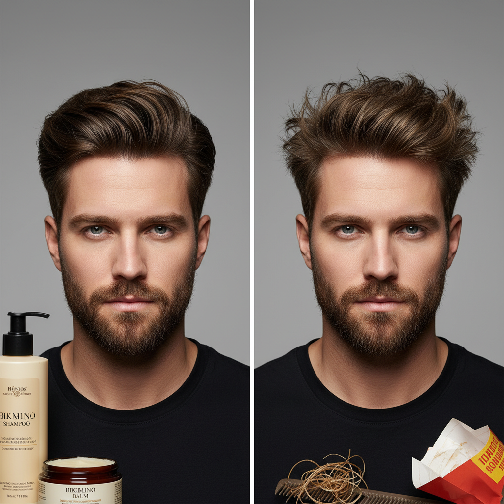 Comparativo cabelo masculino saudavel vs ressecado e sem cuidado