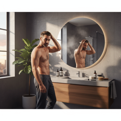 Homem cuidando do cabelo no banheiro com produtos capilares