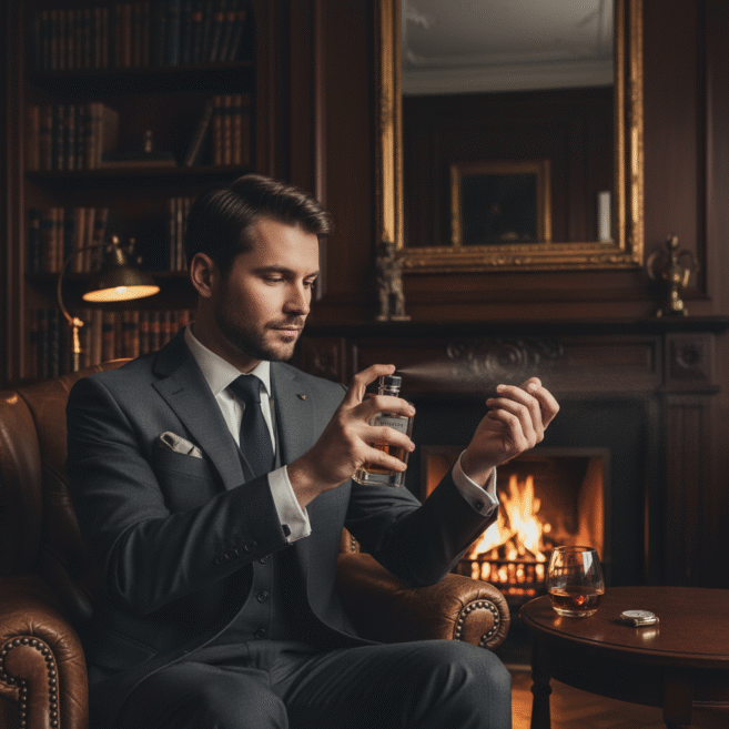 Homem elegante aplicando perfume masculino