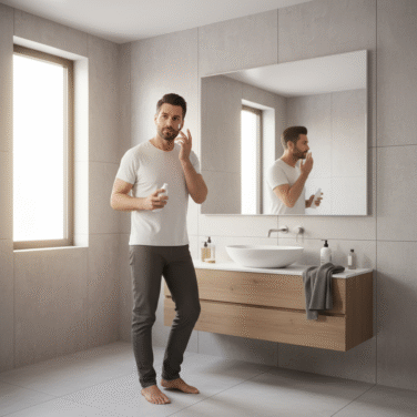 Homem aplicando produto de skincare no rosto em frente ao espelho