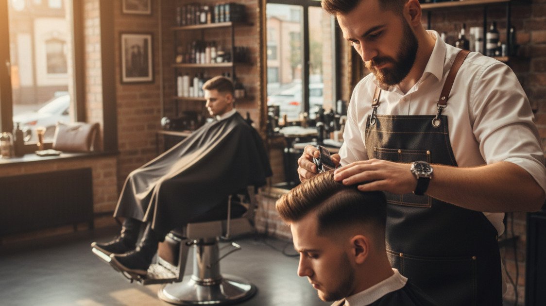 Barbeiro cortando cabelo em barbearia masculina moderna