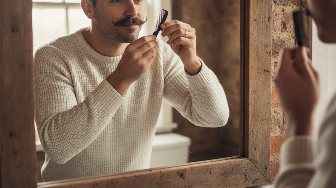 Homem cuidando do bigode com pente